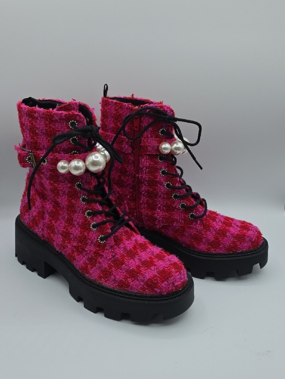 Betsey Johnson Jonnie Hot Pink & Red Tweed Lace-Up Combat Boots w/Pearl Accent - Picture 6 of 15